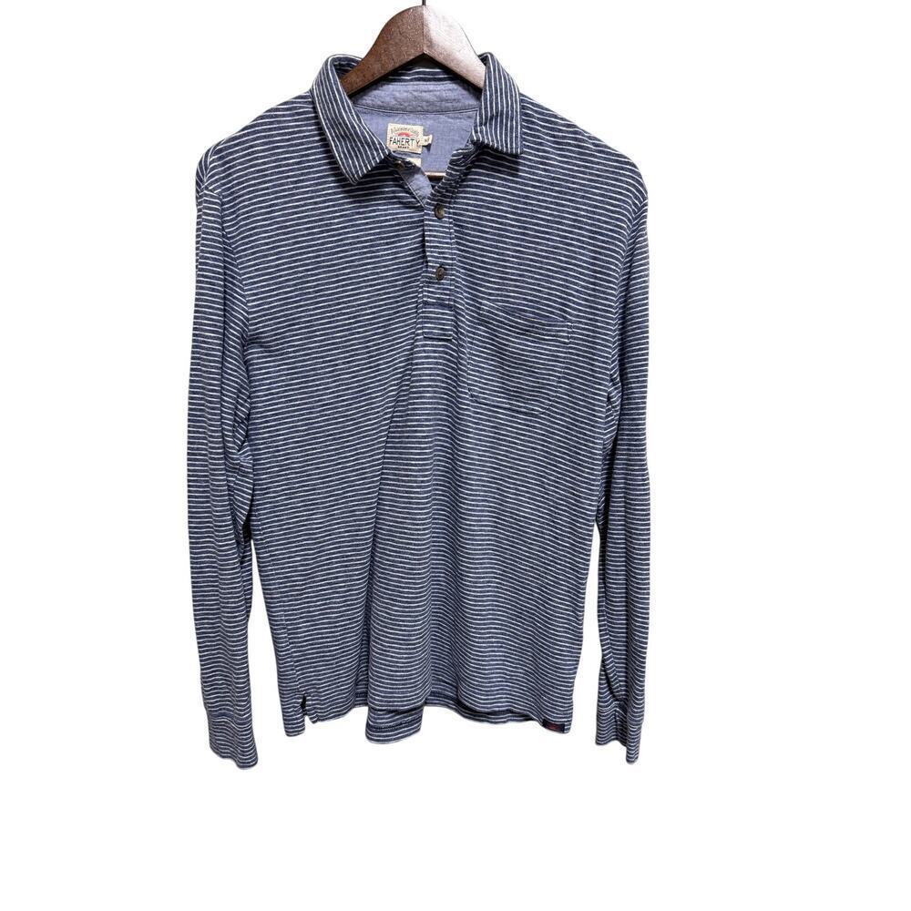 Faherty Navy Blue Striped Long Sleeve Polo Shirt Size Medium
